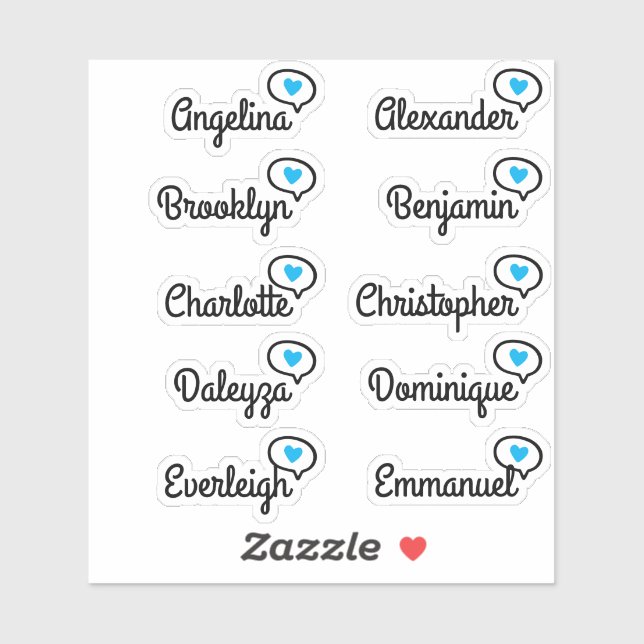  Fun Blue Heart Speech Bubble Guest List 10 Names (Sheet)