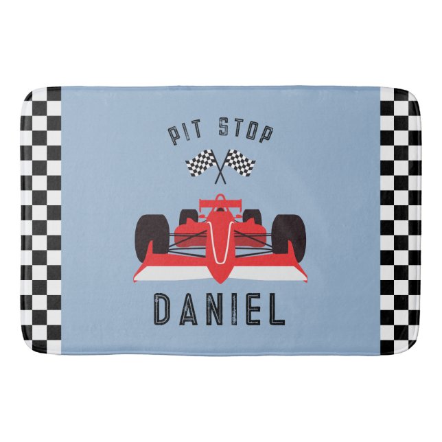 Fun Blue Kids Red Racing Car Bath Mat (Front)