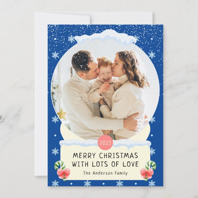 Fun Blue Merry Christmas Snow Globe Photo Card (Front)