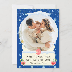 Fun Blue Merry Christmas Snow Globe Photo Card