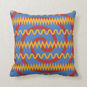 Fun Blue Orange Swirls and Chevron Zigzags Pattern Cushion