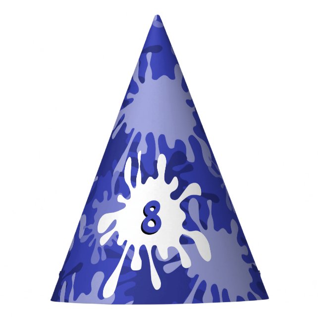 Fun Blue Painting Splatter 8th Birthday Paper  Party Hat (Front)
