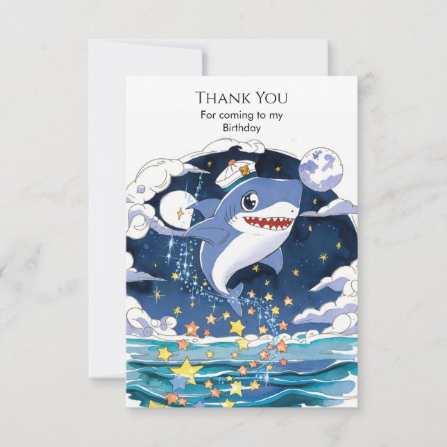 Fun Blue Pastel Shark Birthday Thank You Card (Front)