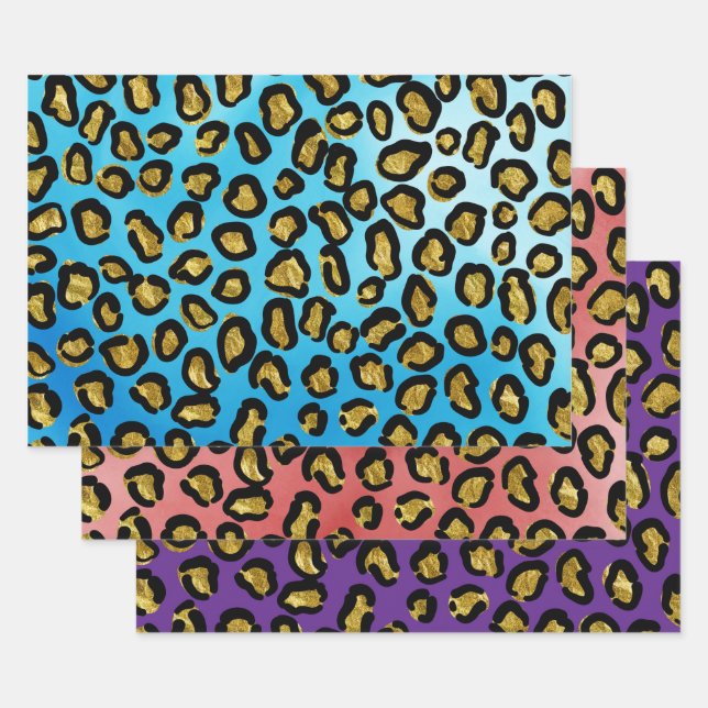 Fun Blue, Pink, Purple Leopard Animal Print Wrapping Paper Sheet (Set)