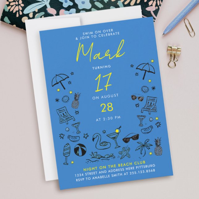 Fun Blue Pool Night Party Cocktail Scribble Doodle Invitation (Creator Uploaded)