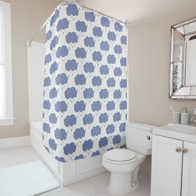 Fun Blue Rain Clouds Pattern Shower Curtain (In Situ)