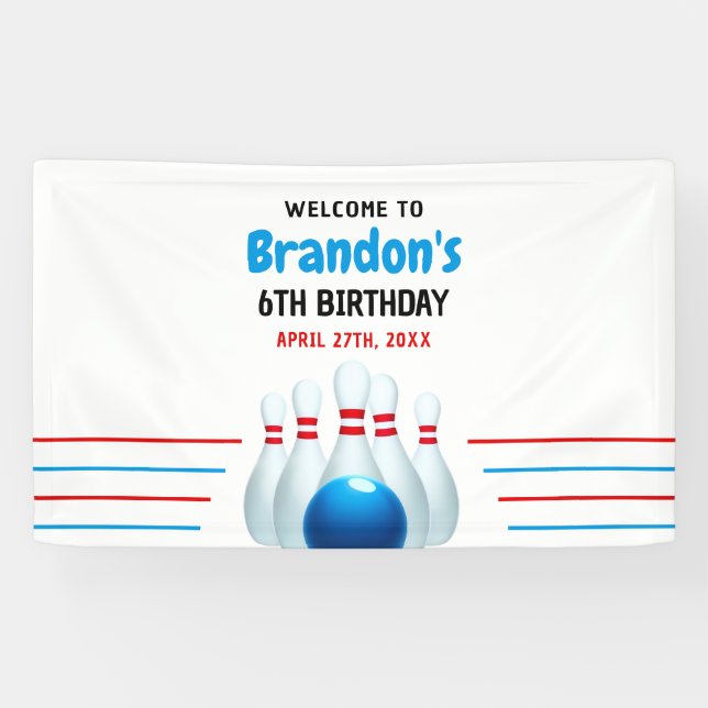 Fun Blue & Red Bowling Kids 6th Birthday Banner (Horizontal)
