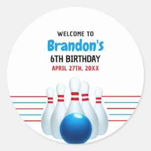 Fun Blue & Red Bowling Kids 6th Birthday Classic Round Sticker