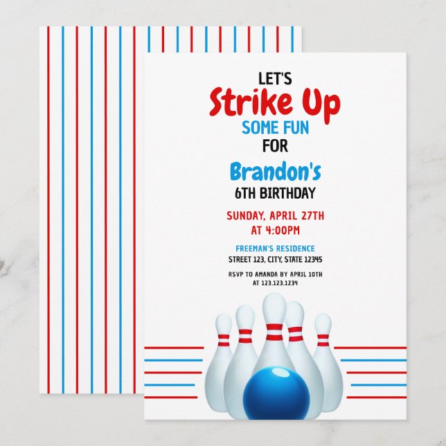 Fun Blue & Red Bowling Kids 6th Birthday Invitation (Front/Back)