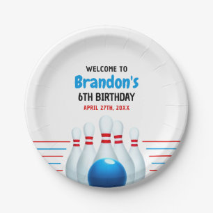 Fun Blue & Red Bowling Kids 6th Birthday Paper Plate