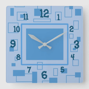 Fun Blue Retro Block Shapes Square Wall Clock