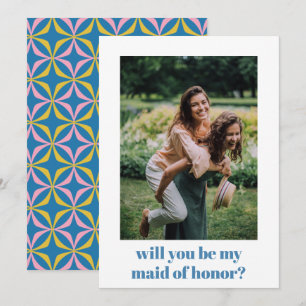 Fun Blue Retro Pattern Maid of Honour Proposal  Card