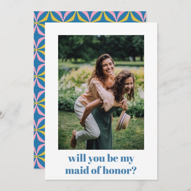 Fun Blue Retro Pattern Maid of Honour Proposal  Card (Front/Back)