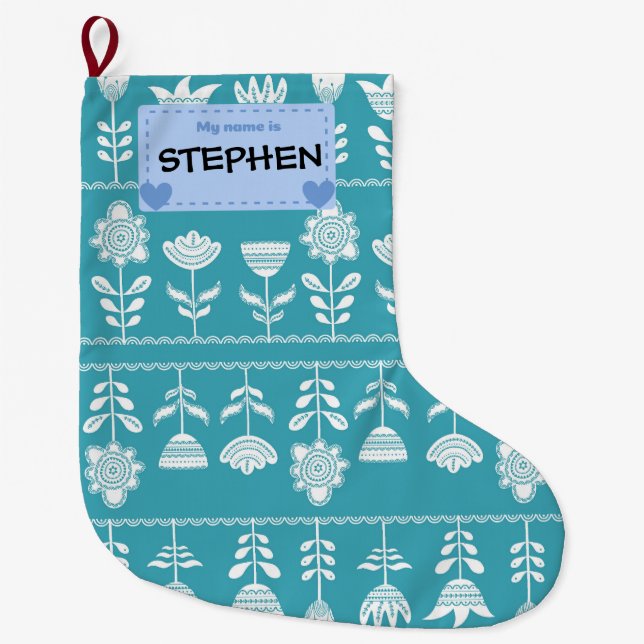 Fun Blue Scandinavian patterned festive Large Christmas Stocking (Front)