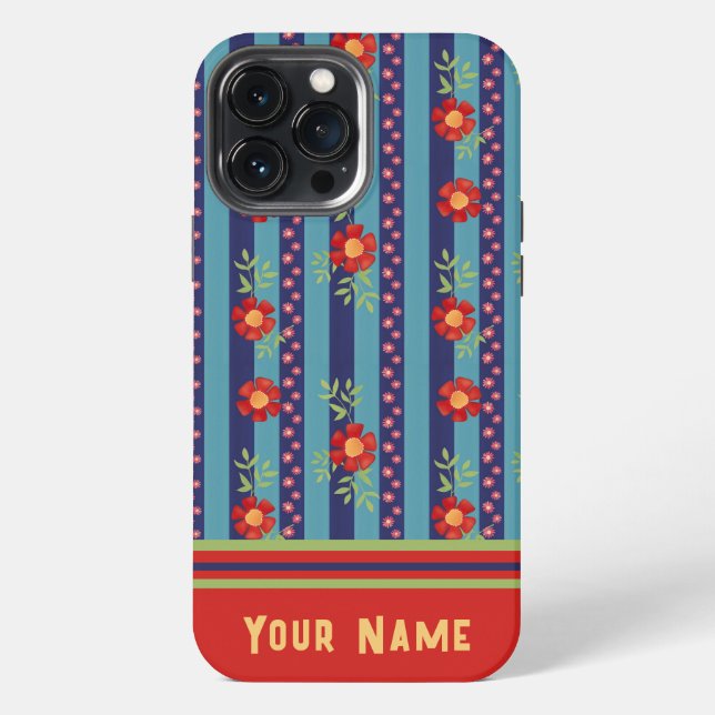 Fun Blue Stripe Flowers Pattern Inspirivity  iPhone Case (Back)