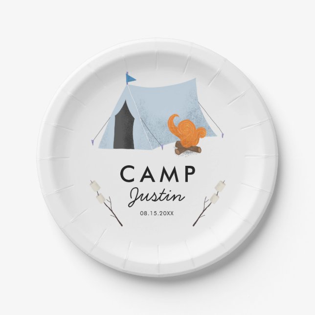 Fun Blue Tent Camping Birthday Party Paper Plate (Front)