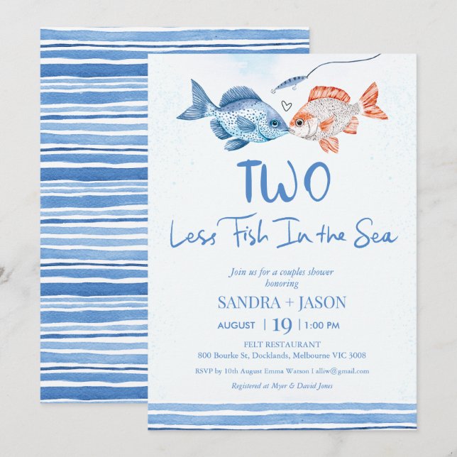Fun Blue Two Less Fish Sea Bridal Couples Shower Invitation (Front/Back)