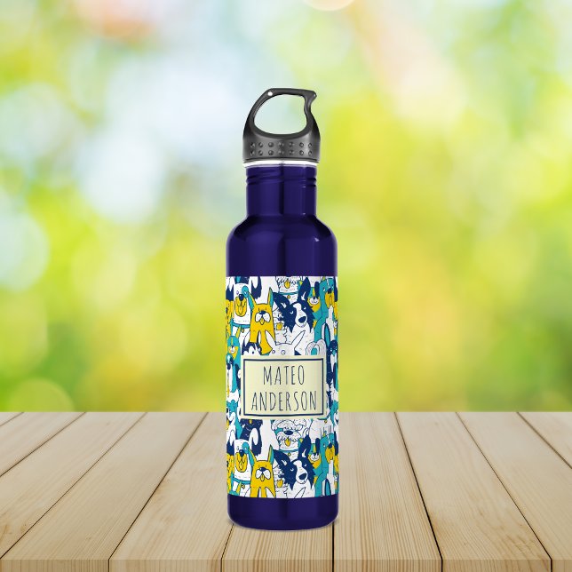 Fun Blue Yellow Dogs Pattern Personalised Name 710 Ml Water Bottle (Creator Uploaded)