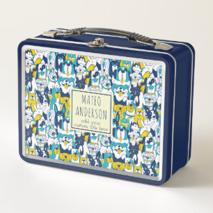 Fun Blue Yellow Dogs Pattern Personalised Name Metal Lunch Box