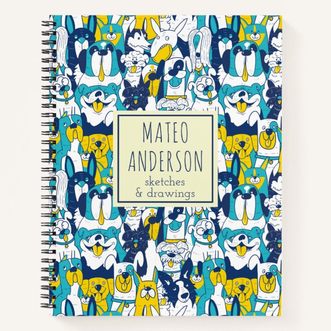 Fun Blue Yellow Dogs Pattern Personalised Name Notebook (Front)