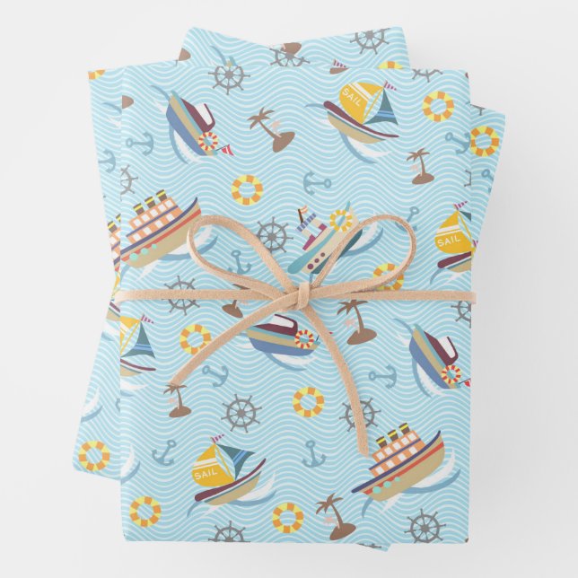 Fun Boats Blue Wrapping Paper (In situ)