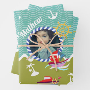 Fun Boats Photo Aqua Green Wrapping Paper Sheets
