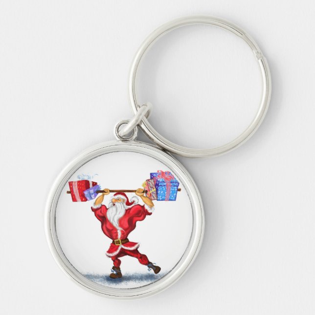 Fun Bodybuilder Santa Claus with Christmas Gifts K Key Ring (Front)