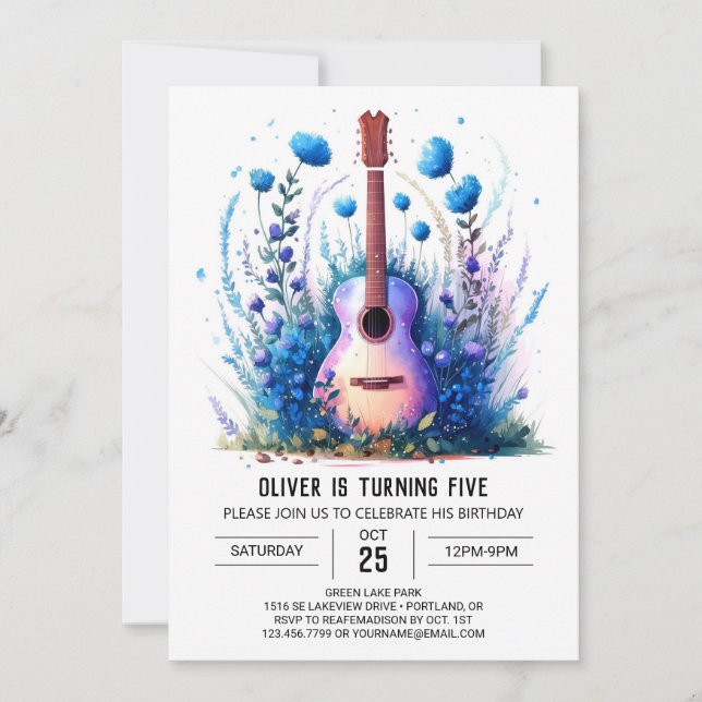  Fun Boho Guitar Boy Birthday Invitation (Front)