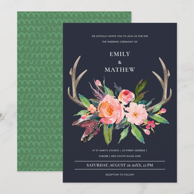 FUN BOHO NAVY BLUSH ANTLER FLORAL COUNTRY WEDDING INVITATION (Front/Back)