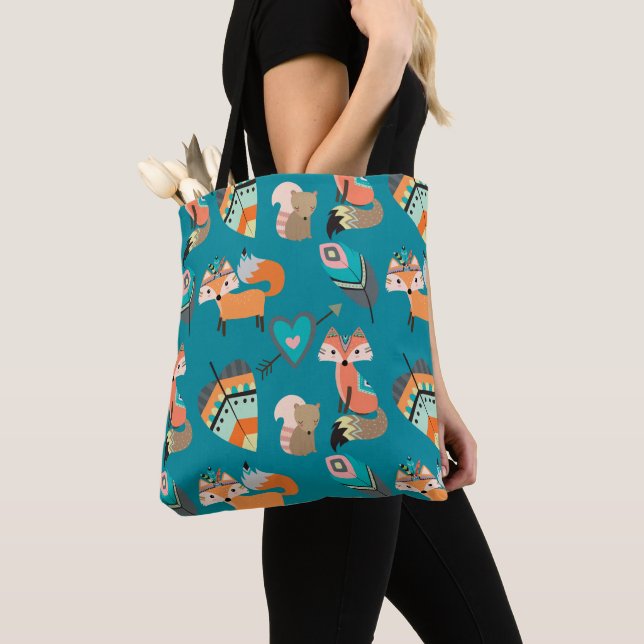 Fun Boho Tribal Foxes on Teal Pattern Tote Bag (Close Up)