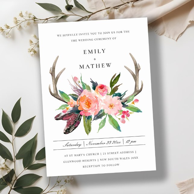 FUN BOHO WHITE BLUSH ANTLER FLORAL COUNTRY WEDDING INVITATION (Creator Uploaded)