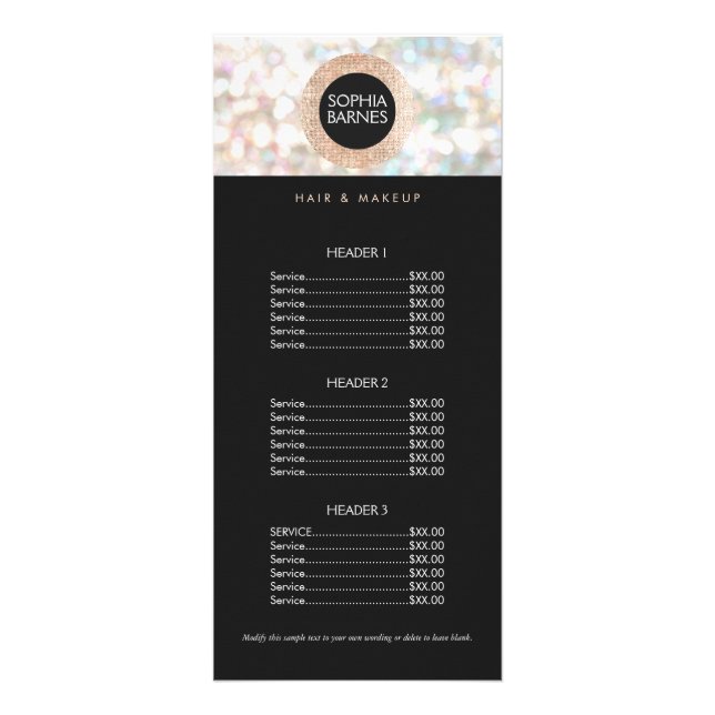 Fun Bokeh and Rose Gold Salon Price List Menu (Front)