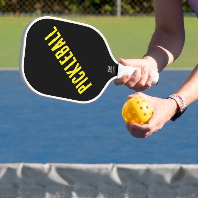 Fun Bold 90s Bright Yellow Diagonal Text On Black Pickleball Paddle (Insitu)