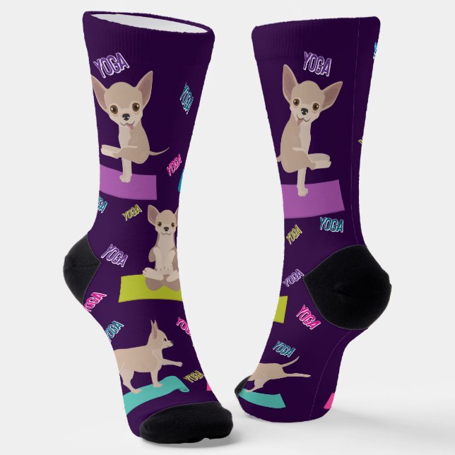 Fun, Bold, and Bright Yoga Chihuahua Crew Socks (Angled)