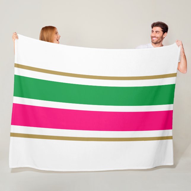 Fun Bold Bright Pink Kelly Green Racing Stripes Fleece Blanket (In Situ)