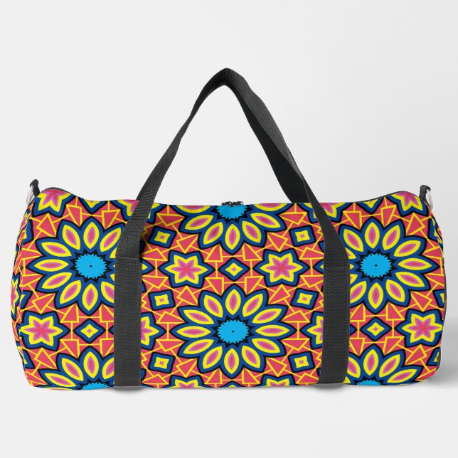 Fun Bold Colourful Geometric Retro Flower Pattern Duffle Bag (Front)