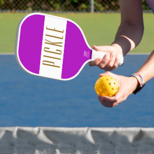 Fun Bold Magenta Pink White PICKLE Stripes Text Pickleball Paddle
