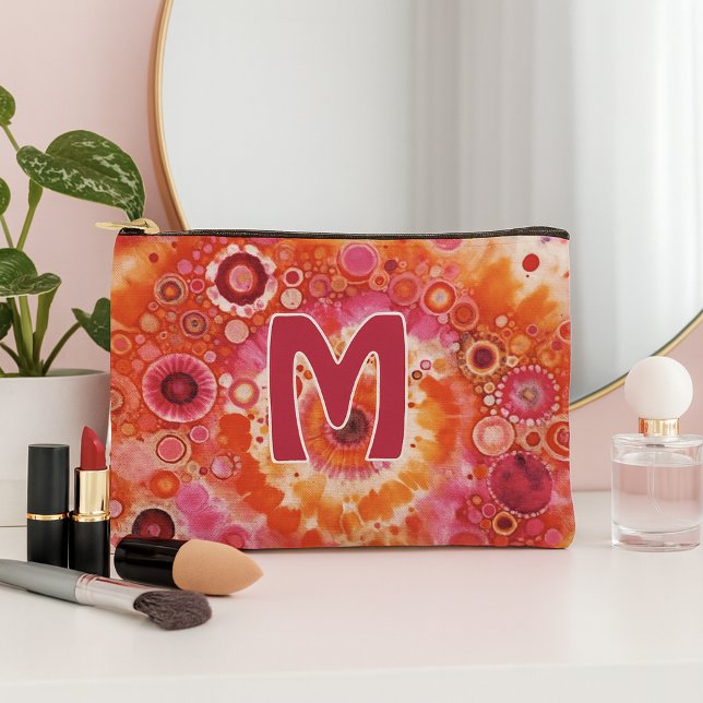 Fun Bold Orange Hot Pink Batik Circles Art Pattern Accessory Pouch (Creator Uploaded)