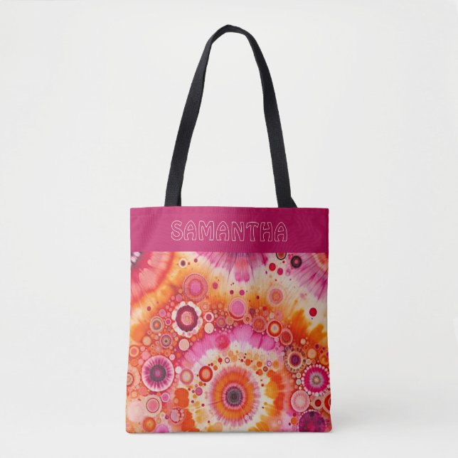Fun Bold Orange Hot Pink Batik Circles Art Pattern Tote Bag (Front)