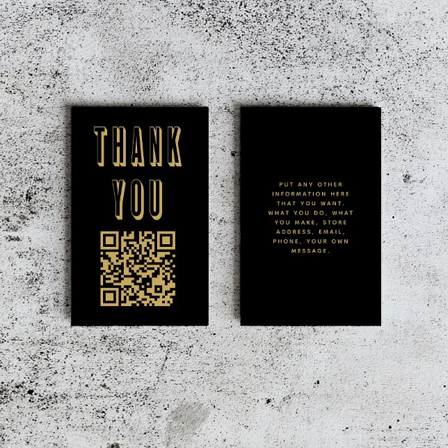 Fun bold thank you gold QR code Enclosure Card (Bold black and gold thank-you insert card with QR code, displayed on a rustic surface)