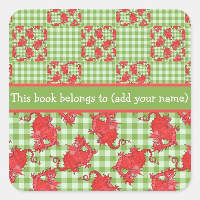 Fun Bookplate to Personalise: Cute Red Dragons Square Sticker (Front)