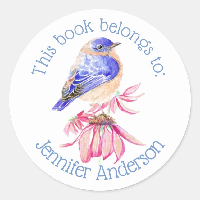 Fun Bookplate Watercolor Bluebird Bird Art Classic Round Sticker (Front)