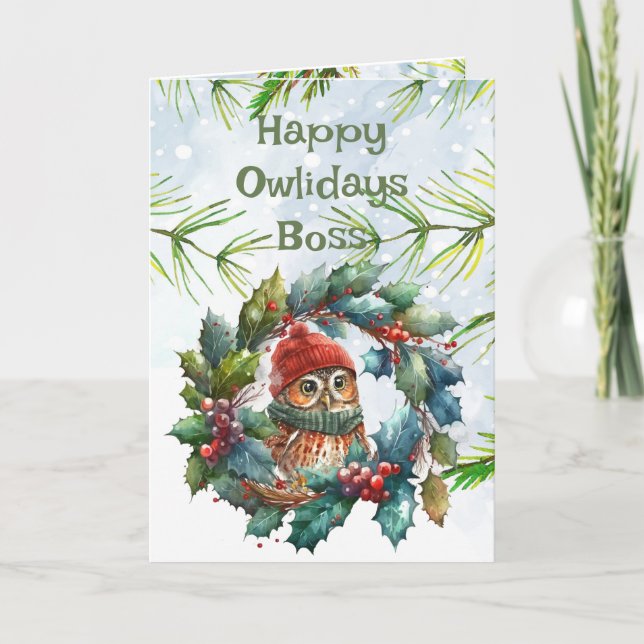 Fun Boss Christmas Owl Animal Wildlife Nature Card (Front)