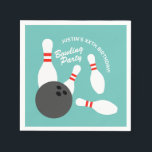 Fun bowling Birthday party theme paper napkins<br><div class="desc">Fun bowling Birthday party theme paper napkins. Fun party supplies for kid's celebration at the bowling alley.
Add your own custom text. Bowling pins and ball strike design. Teal or custom background colour.</div>