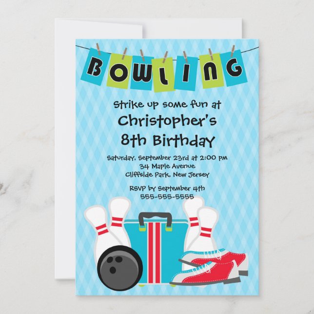 Fun Bowling Boys Birthday Party Invitations (Front)