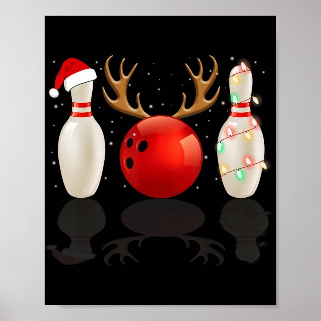 Fun Bowling Christmas  Santa Hat Xmas Lights Gift Poster (Front)