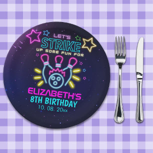 Fun Bowling Neon Birthday Girl Paper Plate