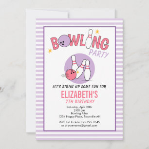Fun Bowling Party Birthday Invitation PINK PURPLE