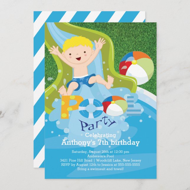Fun Boy Pool Birthday Party Invitation (Front/Back)