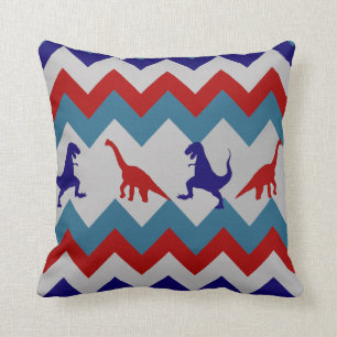 Fun Boys Dinosaurs Red Blue Chevron Pattern Cushion